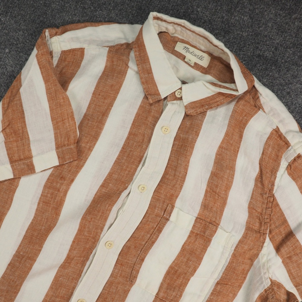 Madewell Shirt Mens Med Linen Short Sleeve Brown White Stripe Beach Coastal